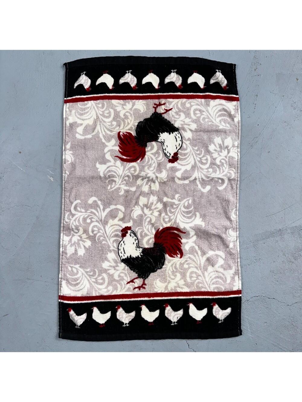 Kitchen Dish Towel Woven Design Rooster, Red Cotton Cute Chickens